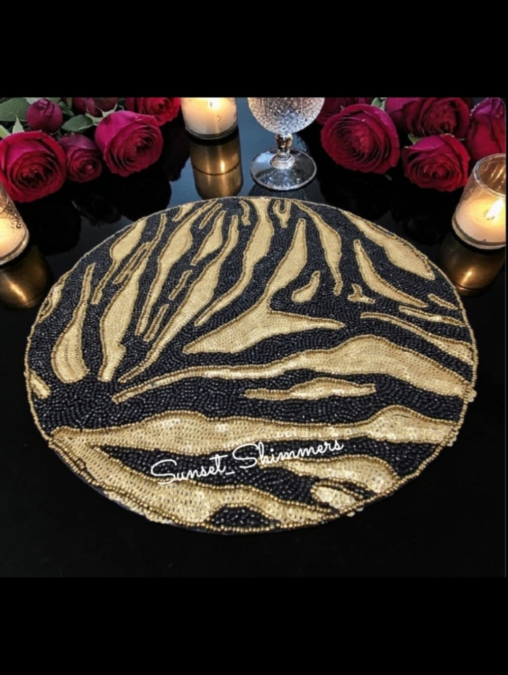 Jewel Mumbai Animal Print Beaded Placemat Centerpiece Black Gold Tiger Stripe